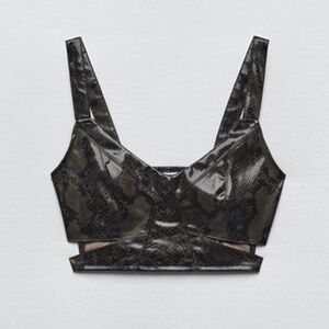 Zara green patent faux snake skin cropped cut out sheared back top size S NWT